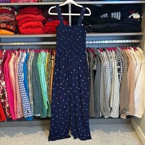 Kayleigh navy/red/white sailboat print sleeveless smocked jumpsuit size S